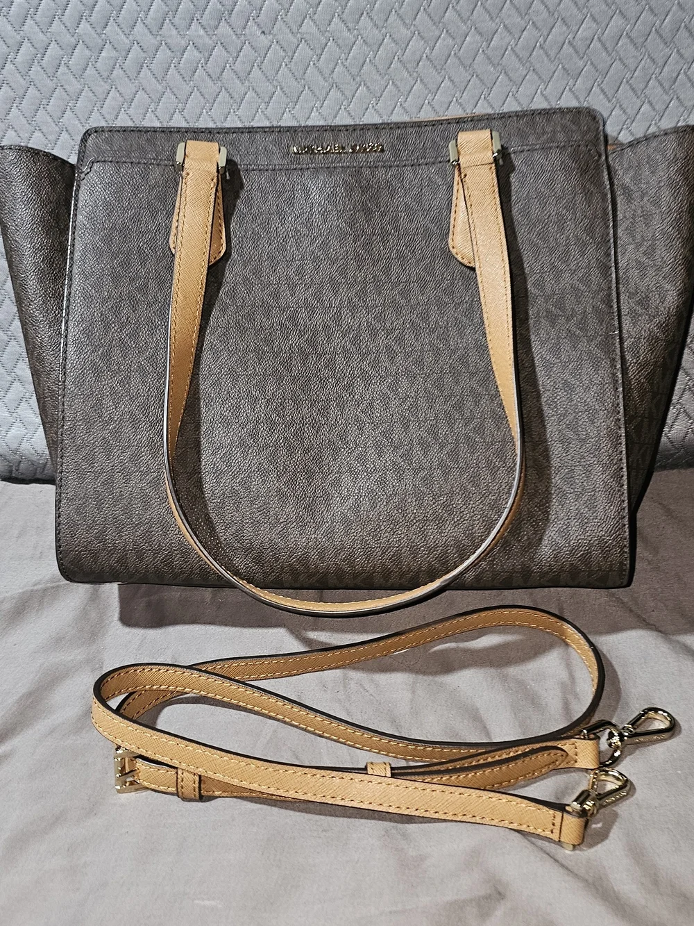 Authentic Michael Kors Brown MK Logo Tote with Tan Handles